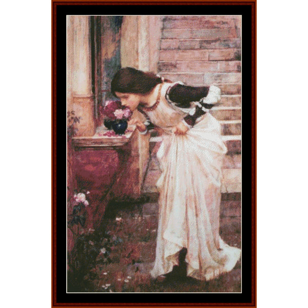 Counted Cross Stitch Pattern by Cross Stitch Collectibles of a woman in a white dress standing by a window with flowers.