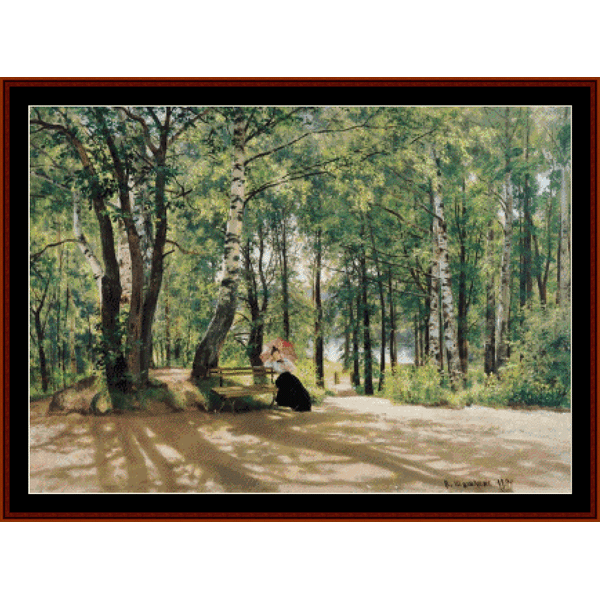 Counted Cross Stitch Pattern by Cross Stitch Collectibles depicting a forest scene with a woman sitting on a bench