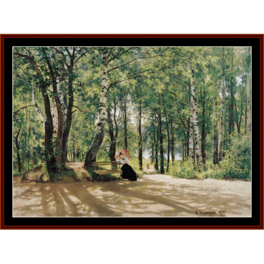 Counted Cross Stitch Pattern by Cross Stitch Collectibles depicting a forest scene with a woman sitting on a bench