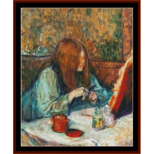 Counted Cross Stitch Pattern by Cross Stitch Collectibles of a woman sitting at a table with a warm, cozy atmosphere