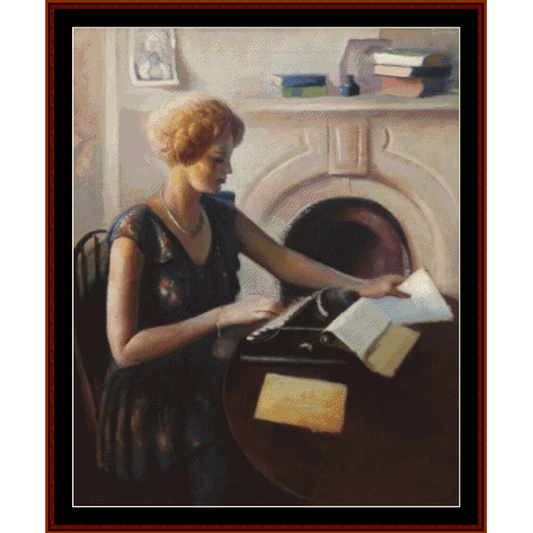 Counted Cross Stitch Pattern by Cross Stitch Collectibles depicting a woman sitting at a typewriter, reading or writing, with a vintage aesthetic.