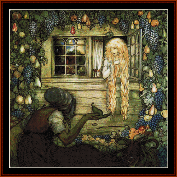 Counted Cross Stitch Pattern by Cross Stitch Collectibles depicting a scene with a young girl and an older woman at a window, surrounded by a vineyard and fruit trees.