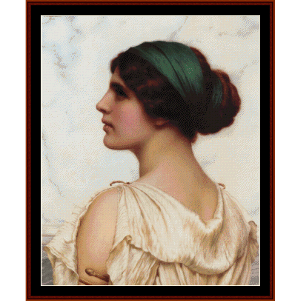 Counted Cross Stitch Pattern by Cross Stitch Collectibles - Portrait of a woman with a green headscarf and white dress against a marble wall.