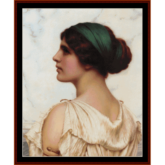 Counted Cross Stitch Pattern by Cross Stitch Collectibles - Portrait of a woman with a green headscarf and white dress against a marble wall.