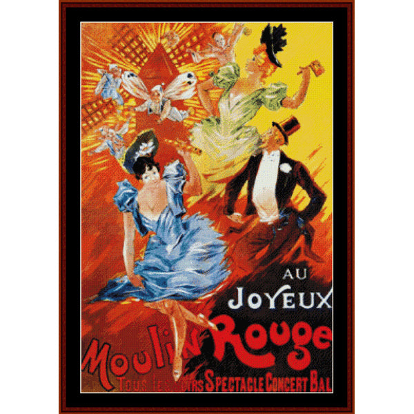 Counted Cross Stitch Pattern by Cross Stitch Collectibles - Vintage-style poster with dancers and text 'Au Joyeux Moulin Rouge' on a red and yellow background.