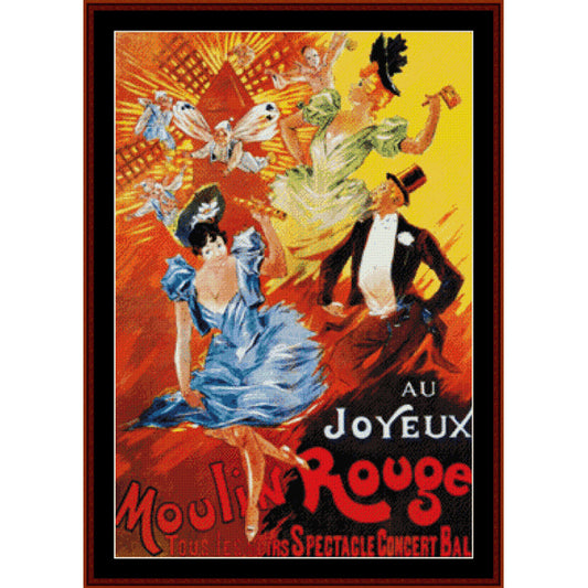 Counted Cross Stitch Pattern by Cross Stitch Collectibles - Vintage-style poster with dancers and text 'Au Joyeux Moulin Rouge' on a red and yellow background.