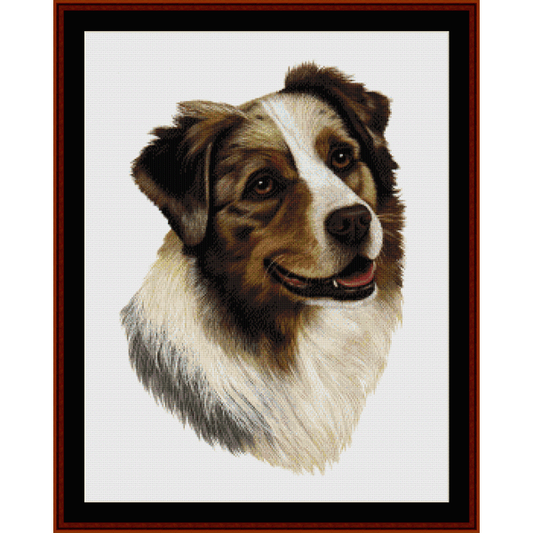 Counted Cross Stitch Pattern by Cross Stitch Collectibles depicting the head of an Australian Shepherd dog with a black and white chart in the background.