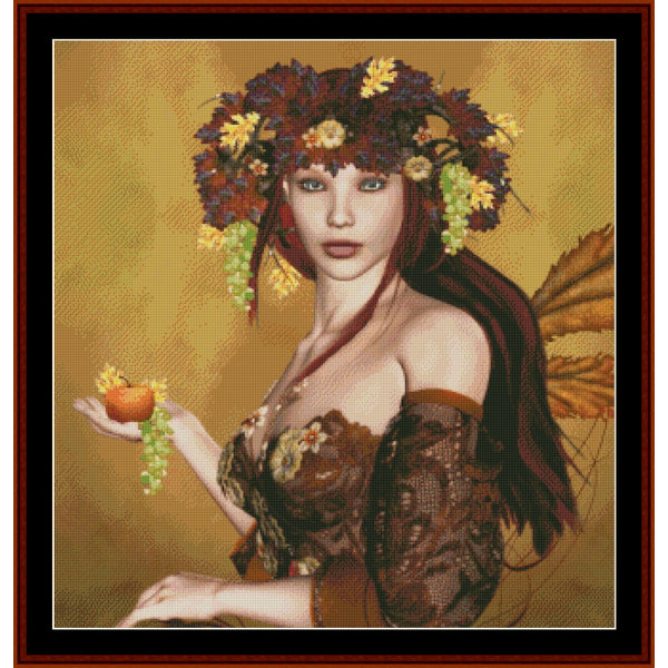 Fairy-like character with a floral wreath and fruit, set against a warm-toned background - Counted Cross Stitch Pattern by Cross Stitch Collectibles