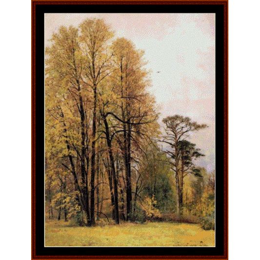 Counted Cross Stitch Pattern by Cross Stitch Collectibles of a forest scene with trees and grass.