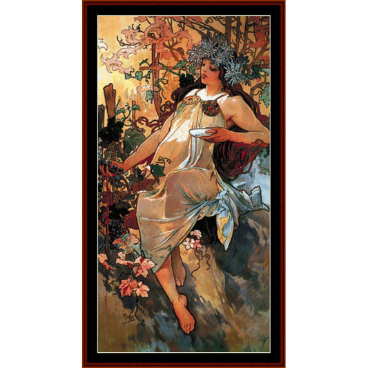 Counted Cross Stitch Pattern by Cross Stitch Collectibles of a woman in a flowing dress with floral decorations, set against a nature-themed background.