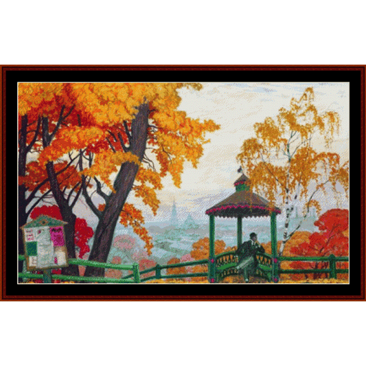 Counted Cross Stitch Pattern by Cross Stitch Collectibles depicting a autumnal scene with orange trees and a green gazebo, titled 'Autumn, 1915 - Boris Kustodiev'.