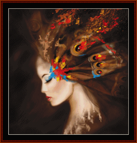 A fantasy Counted Cross Stitch Pattern by Cross Stitch Collectibles featuring a woman with a butterfly-like headpiece in shades of brown, black, and blue, with a vibrant and colorful butterfly design.