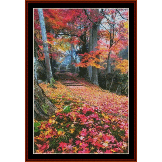 Counted Cross Stitch Pattern by Cross Stitch Collectibles - Colorful autumn forest scene with a path and fallen leaves.