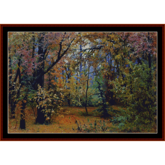 Counted Cross Stitch Pattern by Cross Stitch Collectibles depicting a forest scene with autumn colors, framed in a black border.