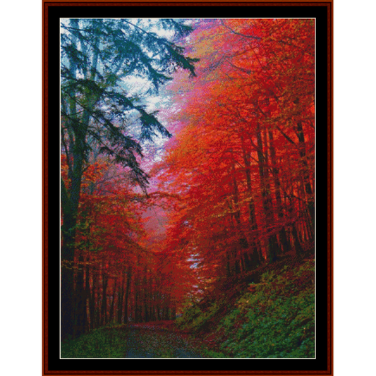 Counted Cross Stitch Pattern by Cross Stitch Collectibles depicting a vibrant autumn forest scene with red and green trees.