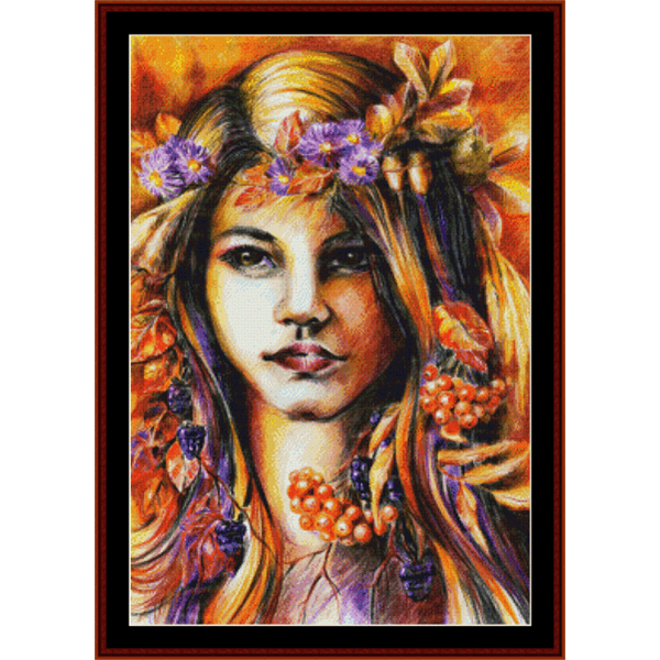 Counted Cross Stitch Pattern by Cross Stitch Collectibles of a woman with flowers in her hair and berries around her neck on an orange background.