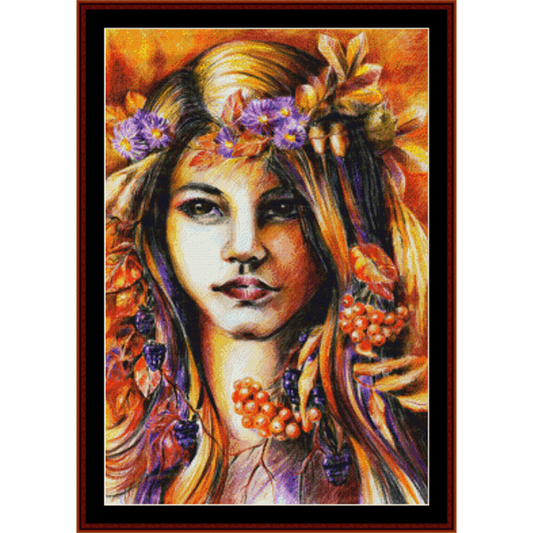 Counted Cross Stitch Pattern by Cross Stitch Collectibles of a woman with flowers in her hair and berries around her neck on an orange background.