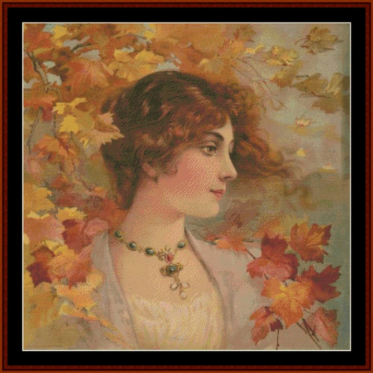 A vintage-style Counted Cross Stitch Pattern by Cross Stitch Collectibles featuring a woman with autumn leaves in the background.
