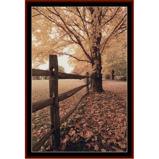 Counted Cross Stitch Pattern by Cross Stitch Collectibles depicting a fall scene with a tree and a fence, compatible with Pattern Keeper.