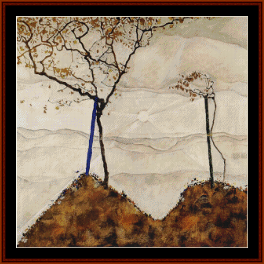 Counted Cross Stitch Pattern by Cross Stitch Collectibles depicting two trees with autumn-colored leaves on a beige background