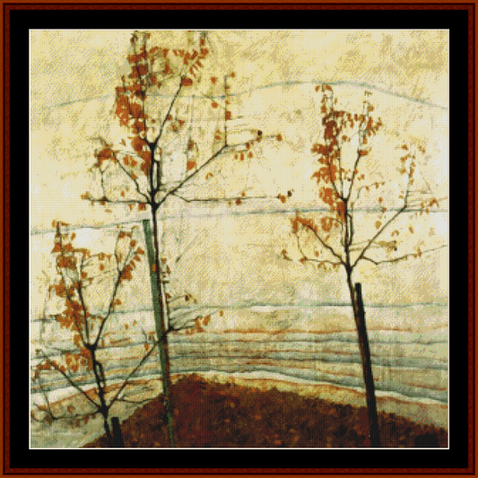 Counted Cross Stitch Pattern by Cross Stitch Collectibles depicting two trees with autumn leaves on a beige background