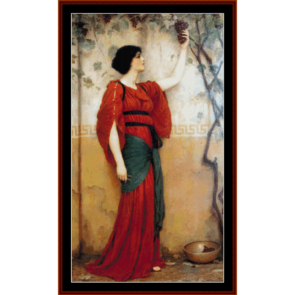 Counted Cross Stitch Pattern by Cross Stitch Collectibles depicting a woman in a red dress holding a grape cluster