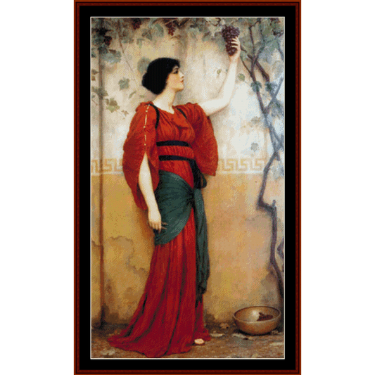 Counted Cross Stitch Pattern by Cross Stitch Collectibles depicting a woman in a red dress holding a grape cluster