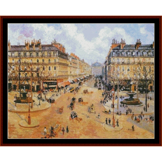 Counted Cross Stitch Pattern by Cross Stitch Collectibles of a bustling city street with people and horse-drawn carriages, framed by buildings.