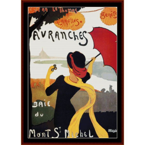 A vintage style Counted Cross Stitch Pattern by Cross Stitch Collectibles depicting a woman with a red umbrella in a field, with the text 'Avranches' and 'Baie du Mont-Saint-Michel'.