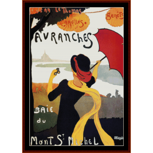 A vintage style Counted Cross Stitch Pattern by Cross Stitch Collectibles depicting a woman with a red umbrella in a field, with the text 'Avranches' and 'Baie du Mont-Saint-Michel'.