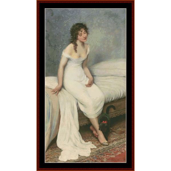 Counted Cross Stitch Pattern by Cross Stitch Collectibles - Woman in a white dress sitting on a bed in a classical painting style.