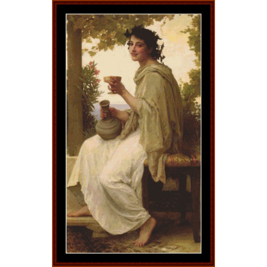 Counted Cross Stitch Pattern by Cross Stitch Collectibles - Woman in classical attire holding a cup in an outdoor setting