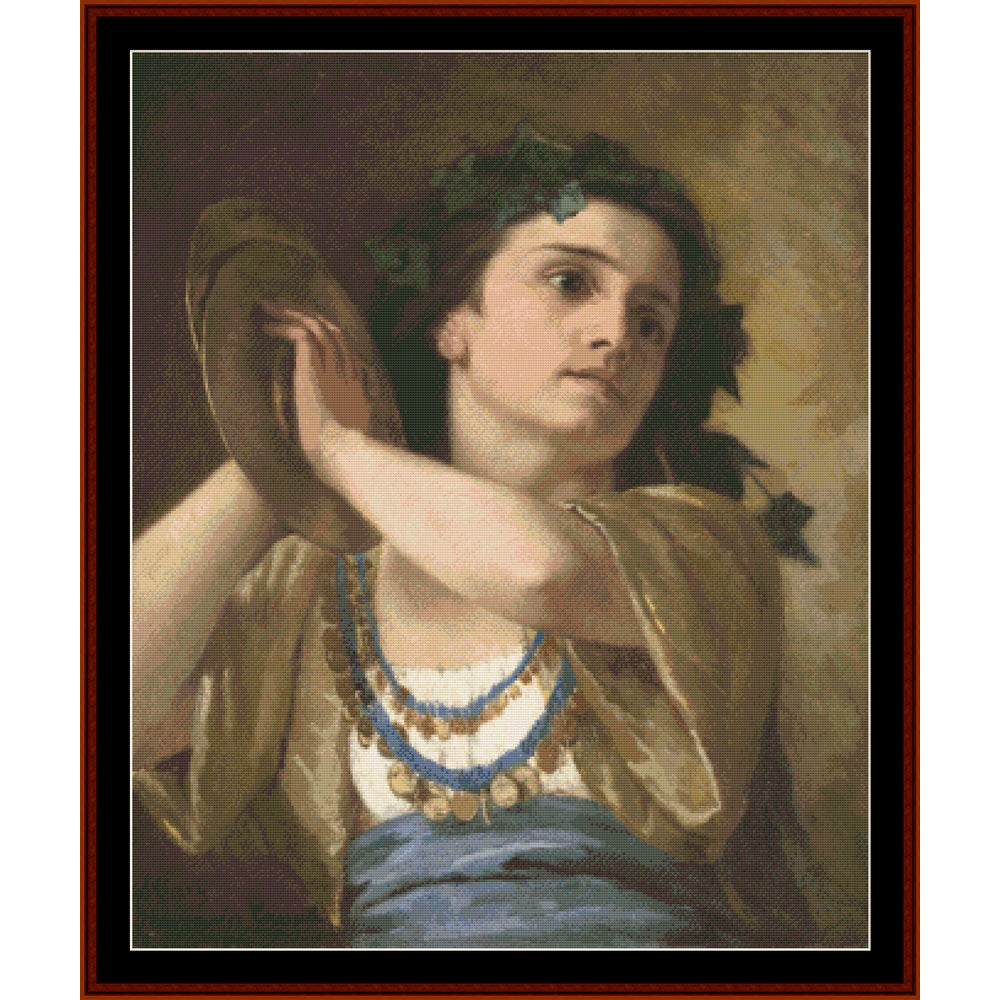 Counted Cross Stitch Pattern by Cross Stitch Collectibles of a woman with a tambourine and floral wreath, framed in brown.
