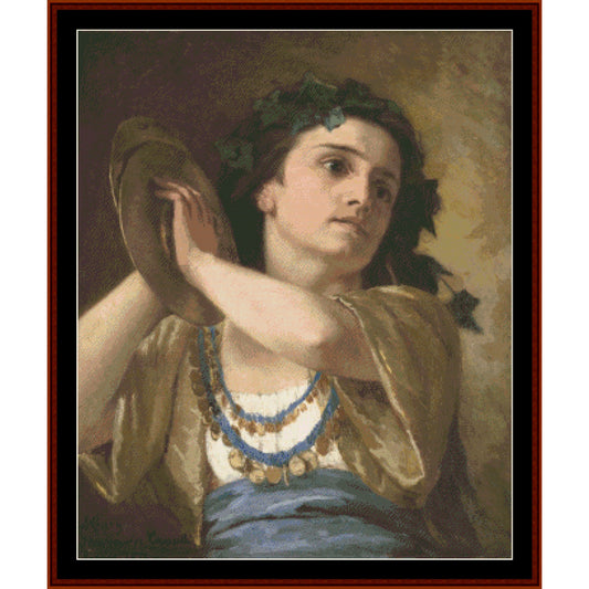 Counted Cross Stitch Pattern by Cross Stitch Collectibles of a woman with a tambourine and floral wreath, framed in brown.