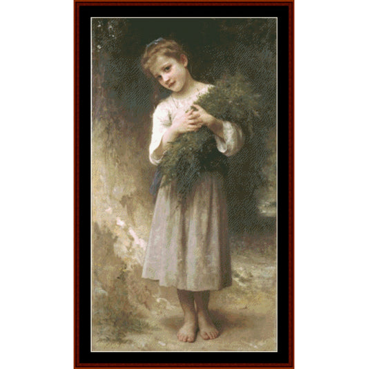 Counted Cross Stitch Pattern by Cross Stitch Collectibles of a young girl holding a bouquet of flowers in a natural setting