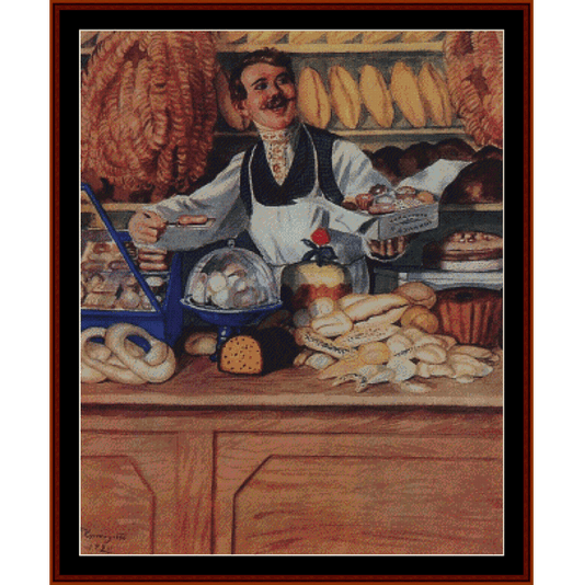 Counted Cross Stitch Pattern by Cross Stitch Collectibles of a baker behind a counter with bread and pastries
