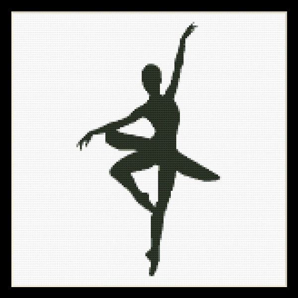 Counted Cross Stitch Pattern by Cross Stitch Collectibles - A silhouette of a ballet dancer in mid-movement, depicted in black and white.