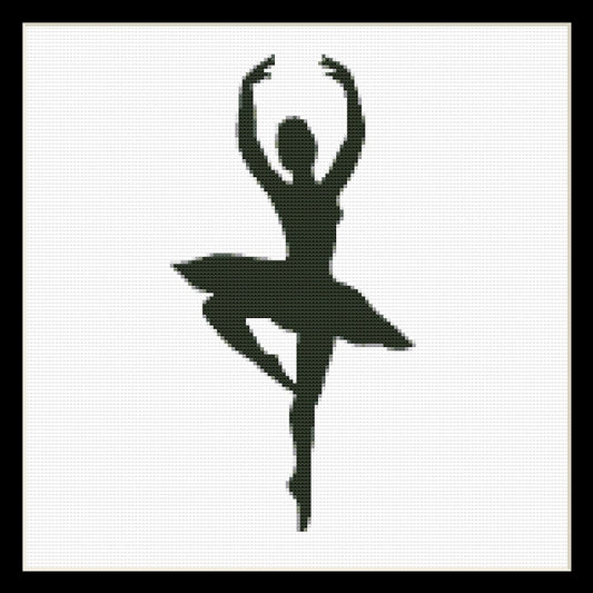 Counted Cross Stitch Pattern by Cross Stitch Collectibles - A silhouette of a ballet dancer in mid-movement, outlined in black against a white background.