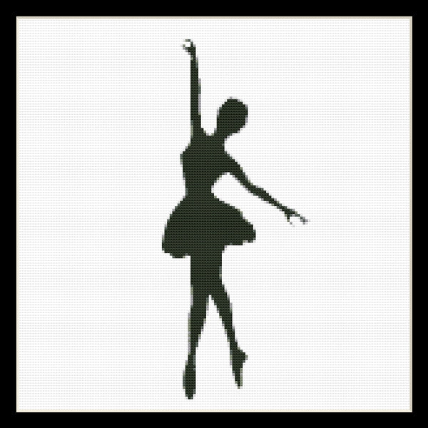 Counted Cross Stitch Pattern by Cross Stitch Collectibles -A silhouette of a ballet dancer in mid-movement, depicted in a dark color against a white background
