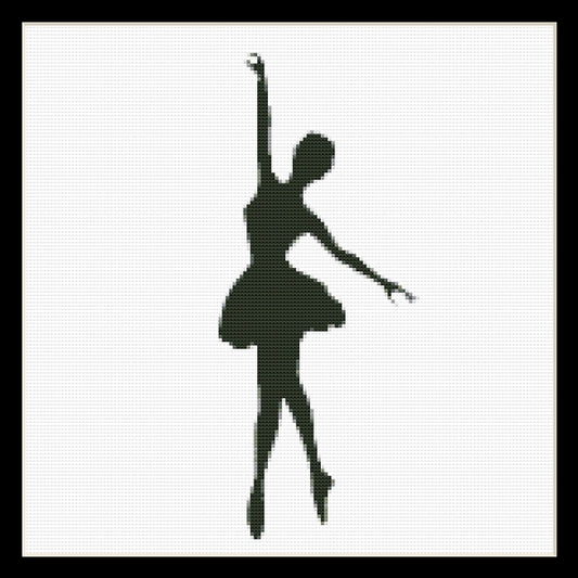 Counted Cross Stitch Pattern by Cross Stitch Collectibles -A silhouette of a ballet dancer in mid-movement, depicted in a dark color against a white background