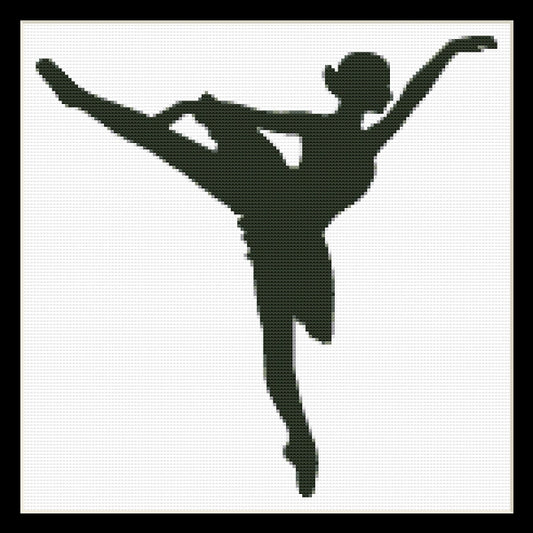 Counted Cross Stitch Pattern by Cross Stitch Collectibles - A silhouette of a ballet dancer in mid-pose, depicted in black and white.