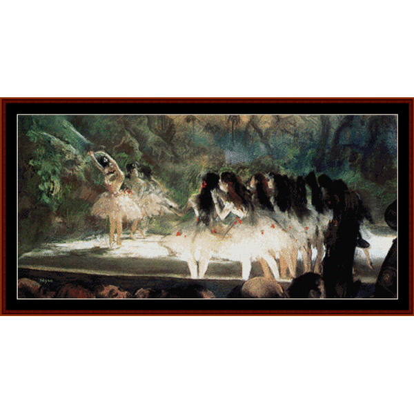 Counted Cross Stitch Pattern by Cross Stitch Collectibles depicting a scene with ballet dancers on stage, inspired by Edgar Degas' work.