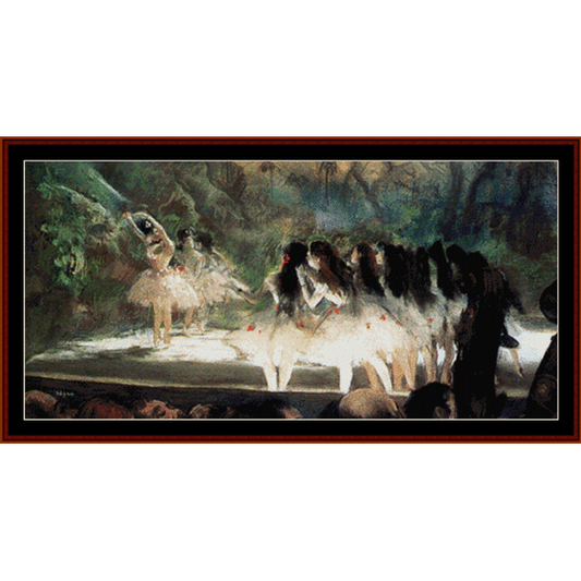 Counted Cross Stitch Pattern by Cross Stitch Collectibles depicting a scene with ballet dancers on stage, inspired by Edgar Degas' work.