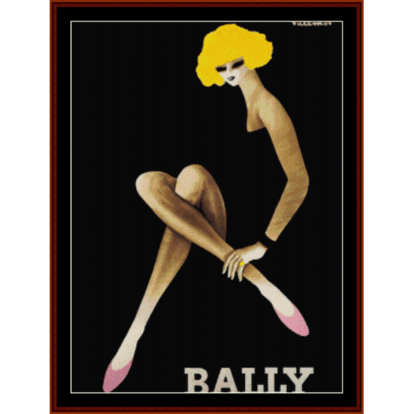 Counted Cross Stitch Pattern by Cross Stitch Collectibles - Vintage-style advertisement for Bally featuring a stylized woman with yellow hair and pink shoes on a black background.