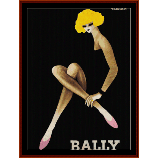 Counted Cross Stitch Pattern by Cross Stitch Collectibles - Vintage-style advertisement for Bally featuring a stylized woman with yellow hair and pink shoes on a black background.