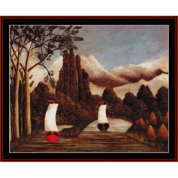 Counted Cross Stitch Pattern by Cross Stitch Collectibles of two sailboats on a path with trees and clouds in the background