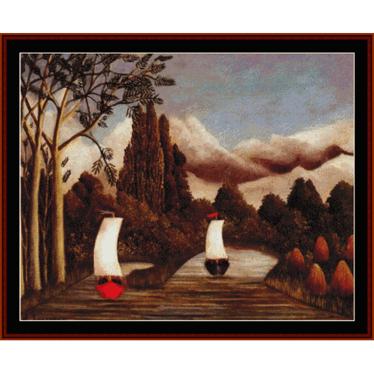 Counted Cross Stitch Pattern by Cross Stitch Collectibles of two sailboats on a path with trees and clouds in the background