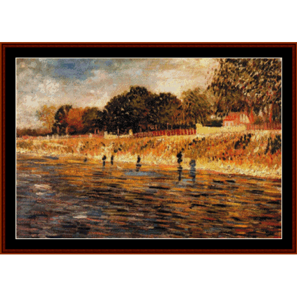 Counted Cross Stitch Pattern by Cross Stitch Collectibles depicting 'Banks of the Seine, 1887' by Vincent Van Gogh, with a landscape of trees and a river.
