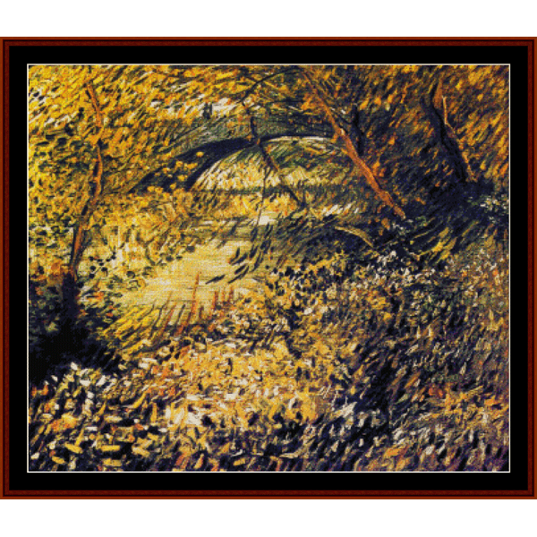 Counted Cross Stitch Pattern by Cross Stitch Collectibles depicting a scene with trees and a path, indicative of springtime, based on the artwork 'Banks of the Seine in Spring' by Vincent Van Gogh.