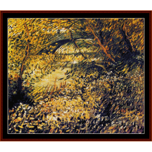 Counted Cross Stitch Pattern by Cross Stitch Collectibles depicting a scene with trees and a path, indicative of springtime, based on the artwork 'Banks of the Seine in Spring' by Vincent Van Gogh.
